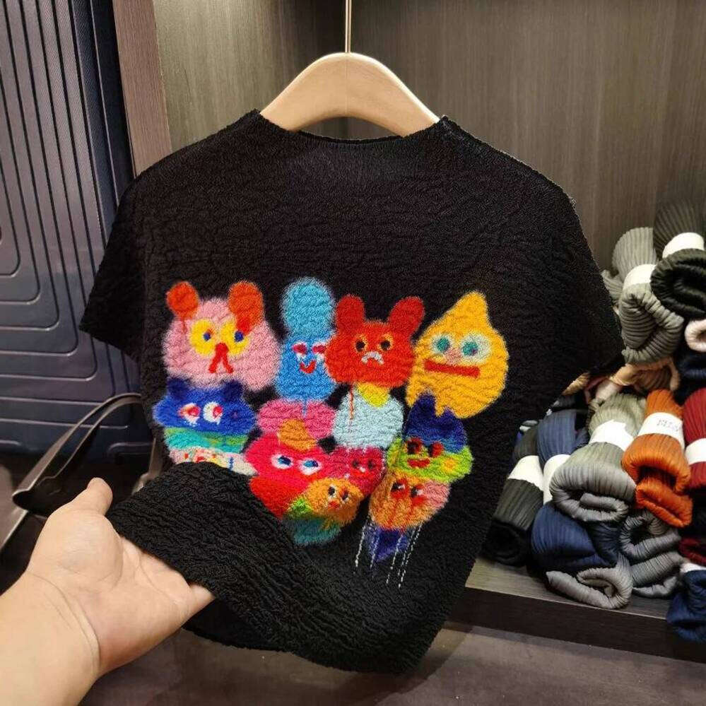 ZHE HAN Miyake Pleated T-Shirt Plisse Colourful Cartoon Print Fold Top Pleat 2025 Summer New Stand-Up Collar Pleatst Shirt Women