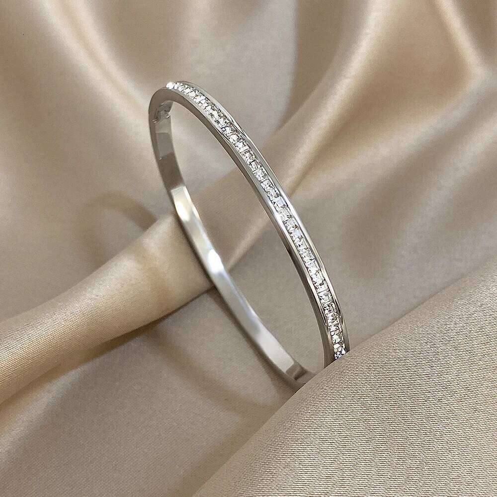Glossy Rhinestone Stainless Steel Bangles Bracelets for Women Fashion Gold Silver Color Stacked Cuff Bracelet Jewelry Gifts XJ260303