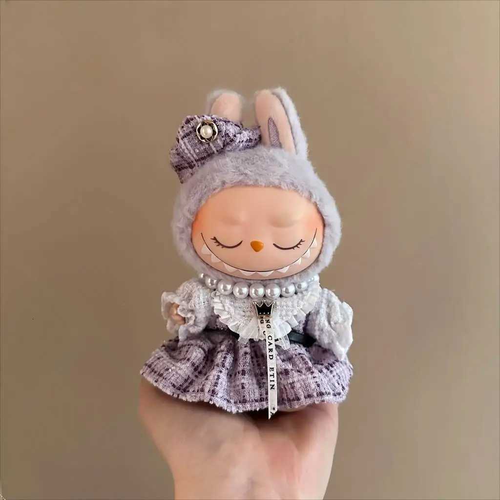 Luxury Purple Check Tweed Set with Plush Hood & Pearl Necklace for 15-17cm Labubu & 10cm Cotton Dolls AccessoriesT260304