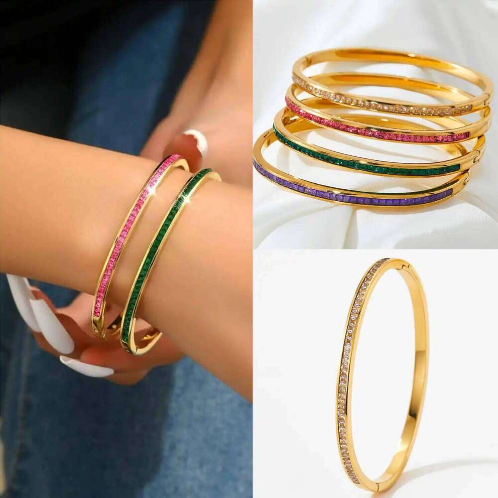 High Quality Gold Plated Stainless Steel Colorful Crystal Cz Baguette Wrist Bracelet Bangle Jewelry For Women XJ260303