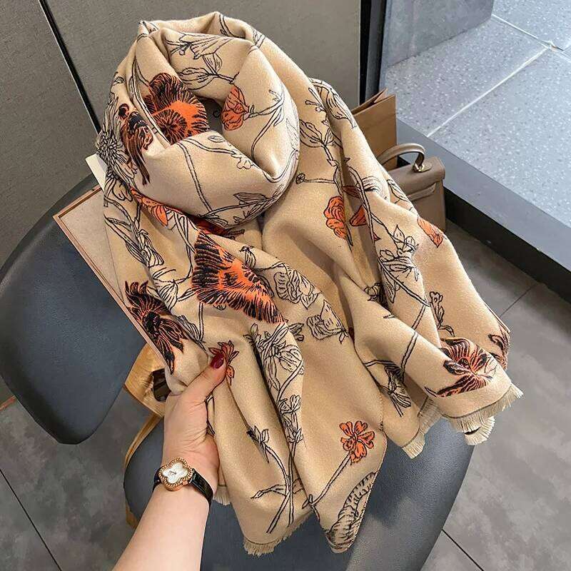 Winter Thickened Warm Scarf Floral Tassel Pashmina Shawl For Women Imitation Cashmere Warps Autumn Coldproof Windproof Blanket XJ260304