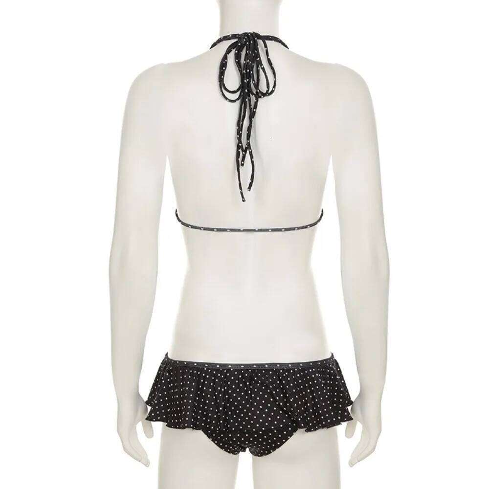 Sexy Ruffled Bikini Suit Lace Up Slim Fit Swimwear Set Deep-V Halter Neck Polka Dot Swimsuit Beach Y260303