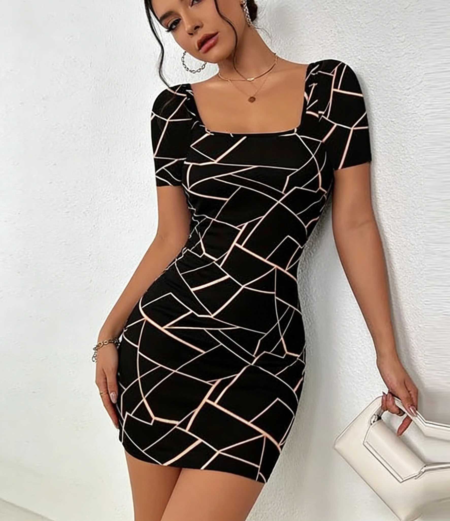Womens Black Bodycon Dress Geometric Print Square Neck Short Sleeve Mini Dress Sexy Party Club Spring Summer Elegant Dress M260304