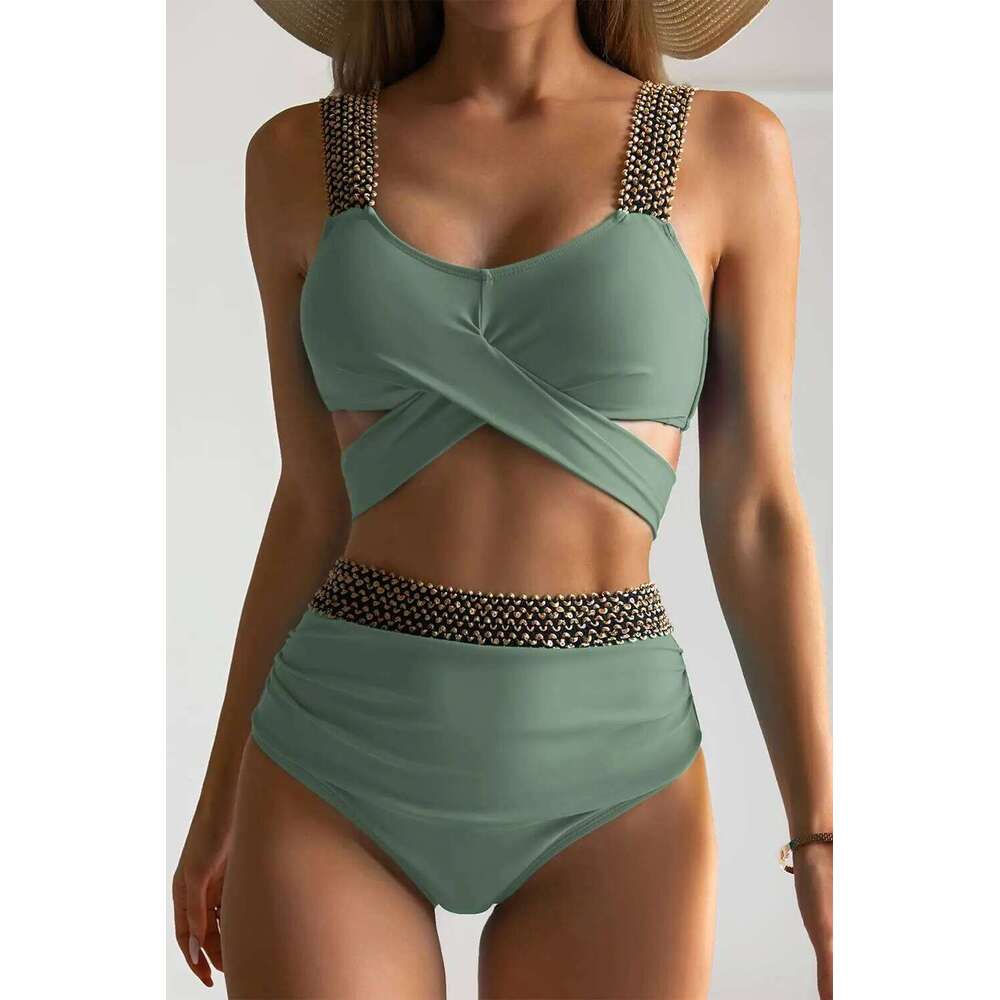 Cross High Waist Bikinis 2025 Women Black Swimwear Solid Swimsuit Female Beachwear Summer Bathers Bathing Suit Swimming Y260303