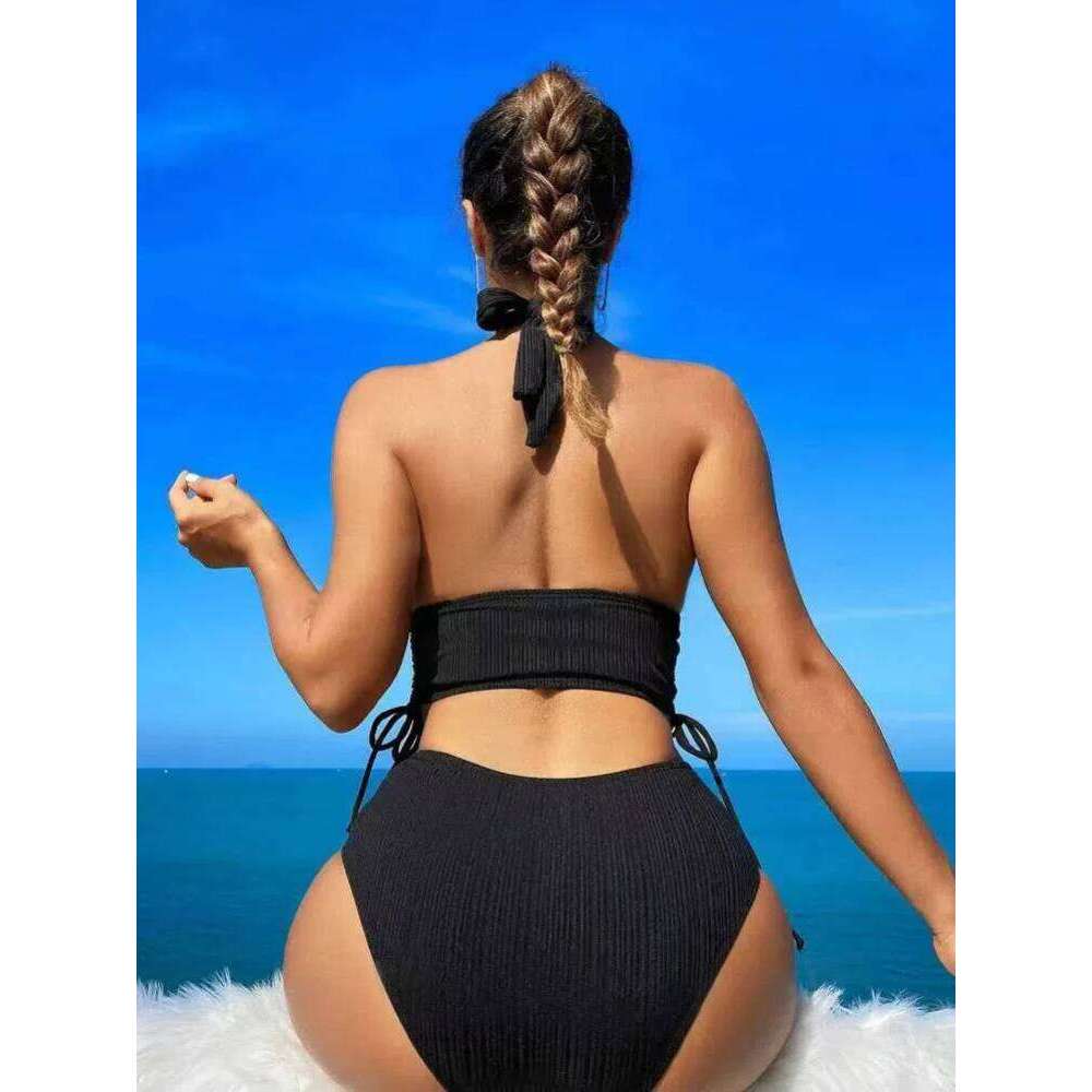 2025 Summer Women's Solid Color Halter Neck Two-Piece Swimwear Quick-Dry Swimsuit Holiday Corset Bikini Set Beachwear Y260303