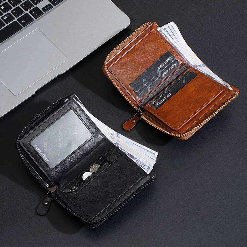 1Pcs Men's Short Wallet with Multiple Slots, Zipper Coin Pocket, Portable Compact Pu Card Holder, Durable and Stylish, Suitable as a Gift C260304