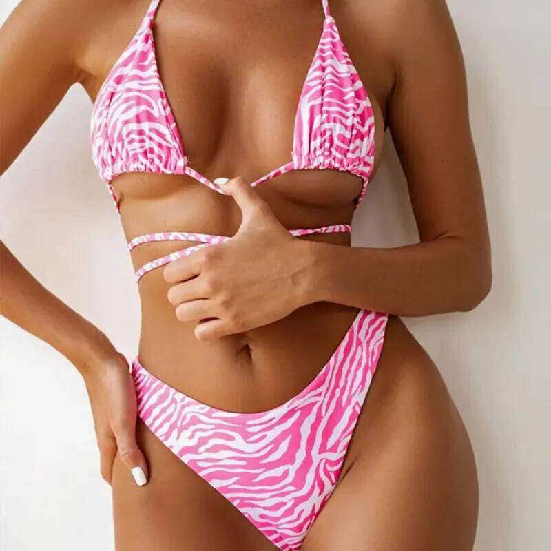 Micro Leopard Print Sexy String Triangle Swimsuit Backless Swimwear Women Beach Bathing Suit Bikini Thong Set Y260303