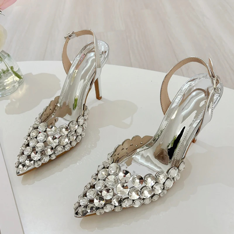 Liyke Elegant Pointed Toe Slingback Stiletto Sandals Crystal Diamonds Women Pumps High Heels Wedding Prom Shoes Zapatos Mujer 260306
