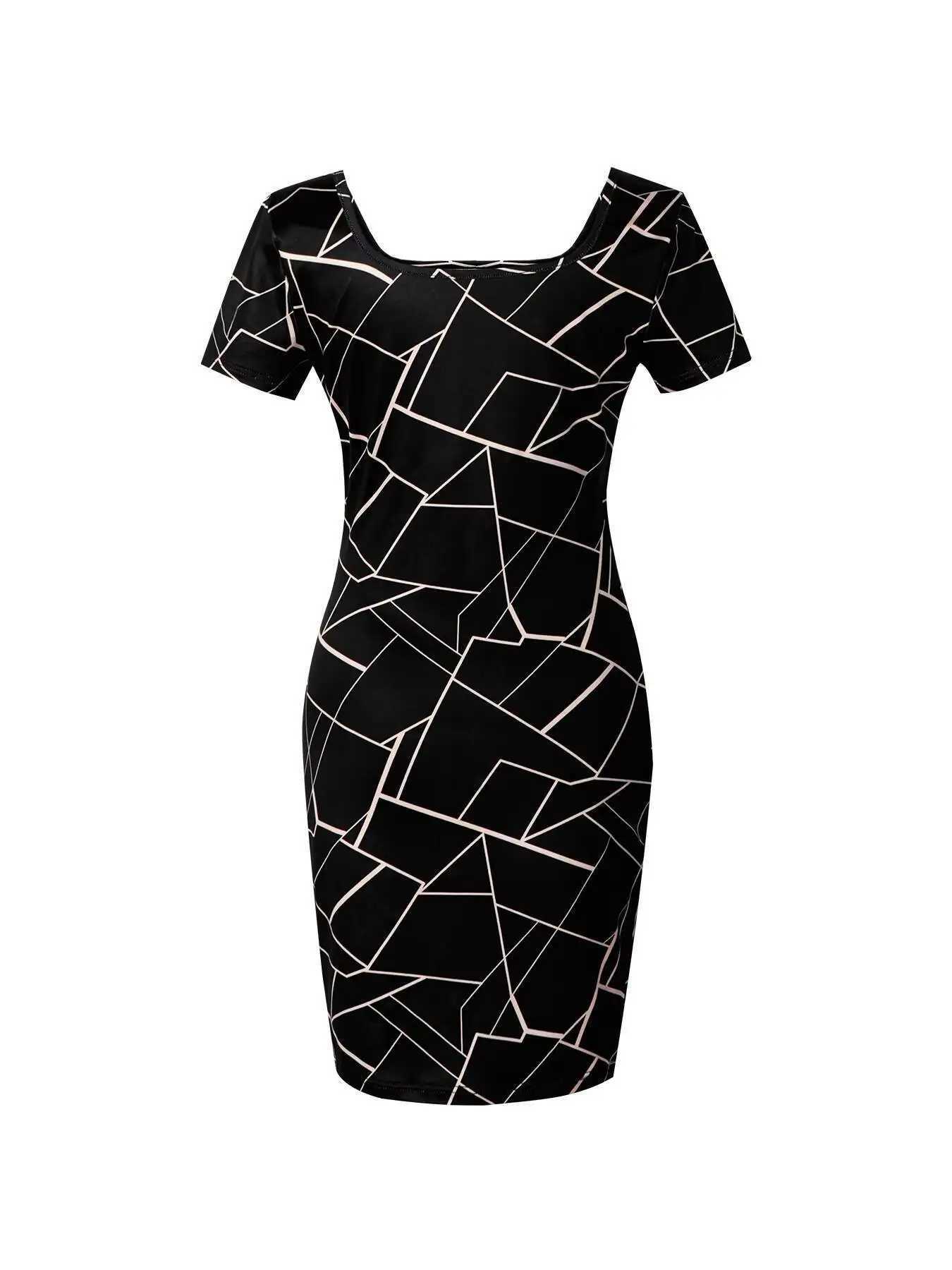 Women Dress Square Neck Short Sleeve Geometric Print Bodycon Mini Dress Sleek Spring Summer Chic Party Club Night Out Flattering M260304