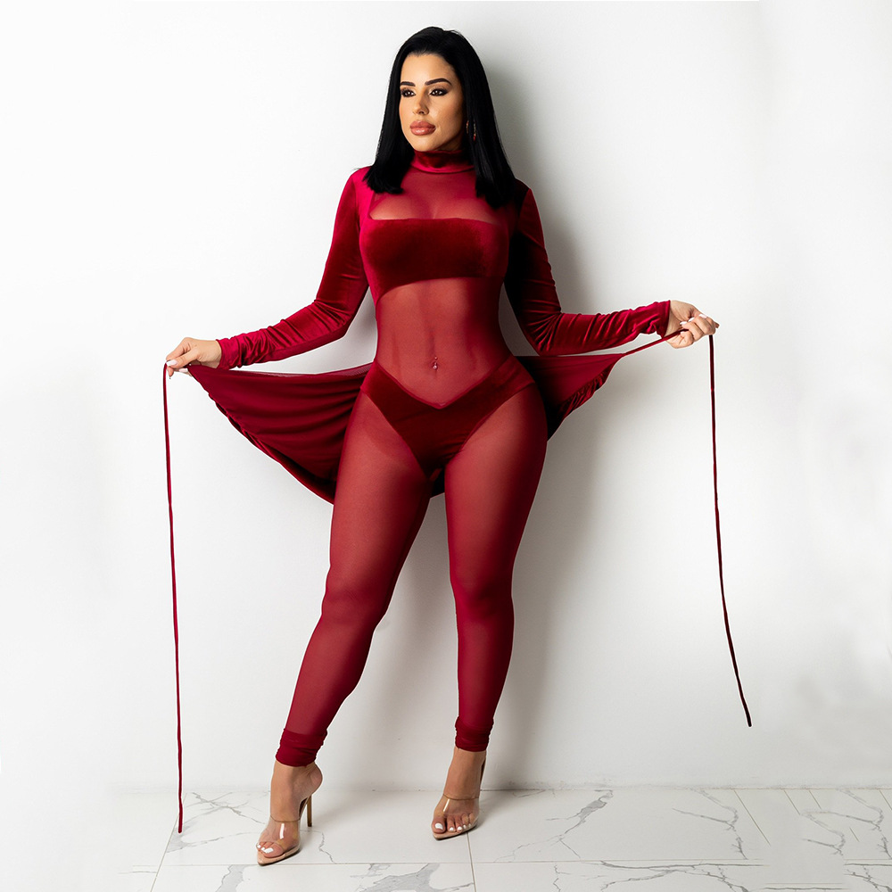 Women's designer mesh gauze sexy one-piece suit long-sleeved high-necked jumpsuit clubwear jumpsuits rompers