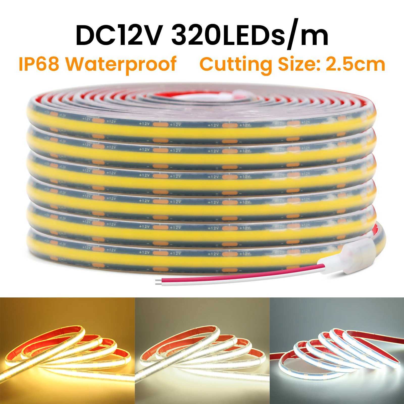 12V 24V COB LED Strip 320LEDs/m 8mm Flexible LED Tape Ribbon for Room Decor 3000K 4000K 6000K IP68 Waterproof Rope Lamp H260304