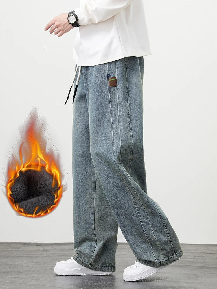 Mens Winter Warm Jeans FleeceLined Thick Insulated Denim Pants WideLeg Straight Thermal Baggy Asian Size L5XL 260228
