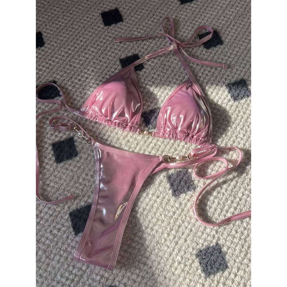 Shiny Pink Micro Bikini 2025 Mujer Women Sexy PU Pearls Push Up Thong Swimsuit Summer Bathing Suit Bandage Holiday Swimwear Y260303