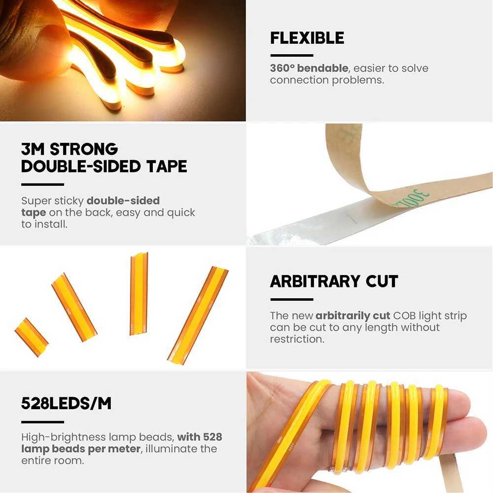 COB LED Strip Light Free Cut 12V 24V 1m 2m 5m 10m 05m Flexible Tape 528LEDs/M High Density Linear Lighting Warm/Natural White H260304