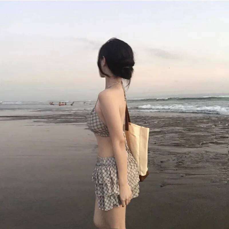 3 Piece Bikini Set Women Checkered High Waisted Sexy Sweet Trendy Cover Up Outfit Slimming Beach Vacation Resort Wear Y260303