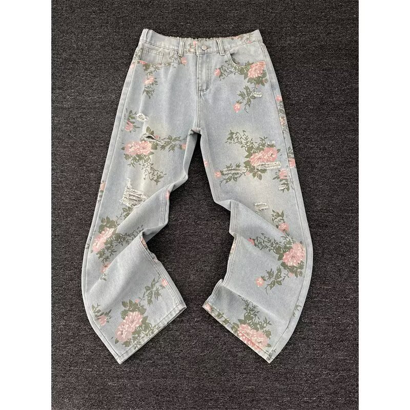Trendy Instagram-style Casual Artistic Versatile Designer Pants Chinese-style Printed Straight-leg Jeans Stylish New Design