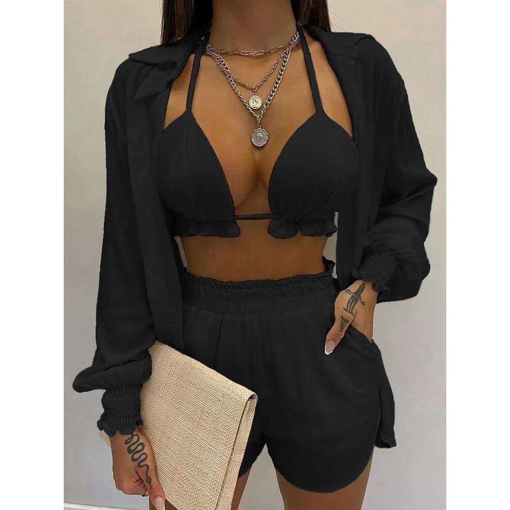 2024 New Bathing Suit Shorts Cover Up Summer Three Pieces Swimwear Sexy Beachwear High Waist Bikini Set Print Women's Swimsuit Y260303