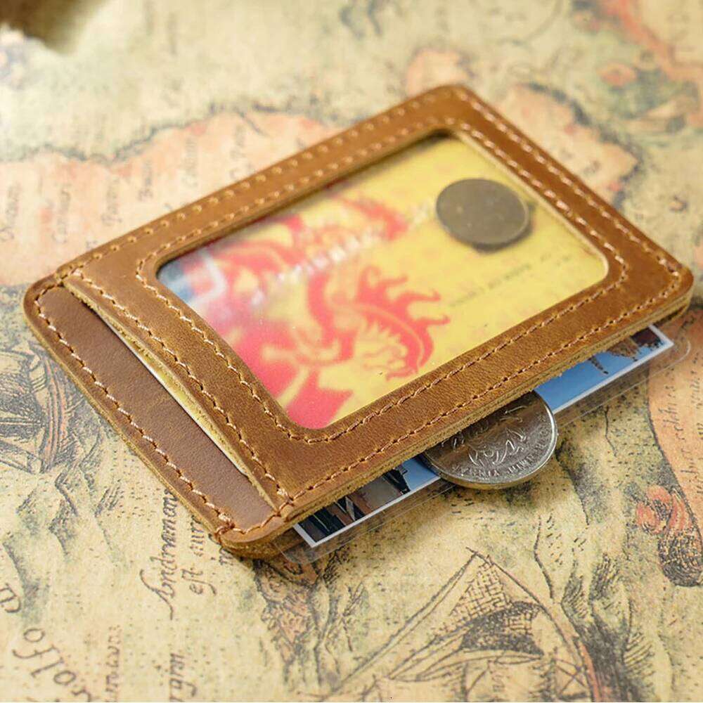 Vintage Leather Card Holder with Clear ID Window - RFID Blocking Wallet Cash Pockets & Coin Slot C260304