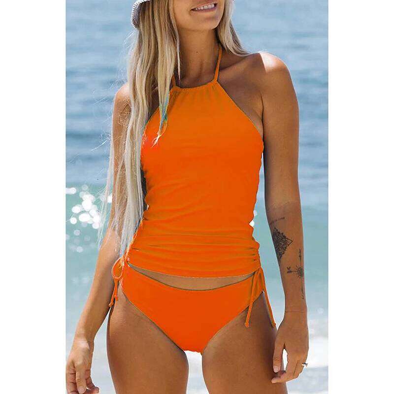Women's Two Piece Bathing Suit Solid Color Drawstring Side Halter Neck Tankini Black Bikinis Set Swimwears Beachwear Y260303