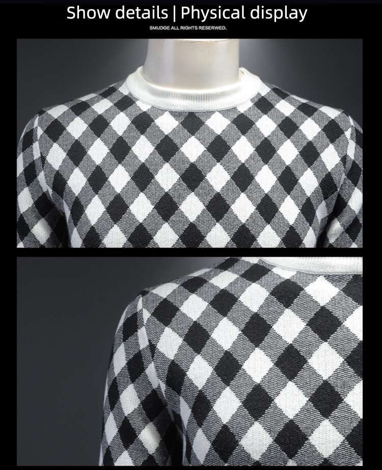American European Autumn And Winter New Men's Sweater Knitted Pullover With Round Neck Plaid Slim Fit Plus Size Light Luxury Knitwear Luanyun