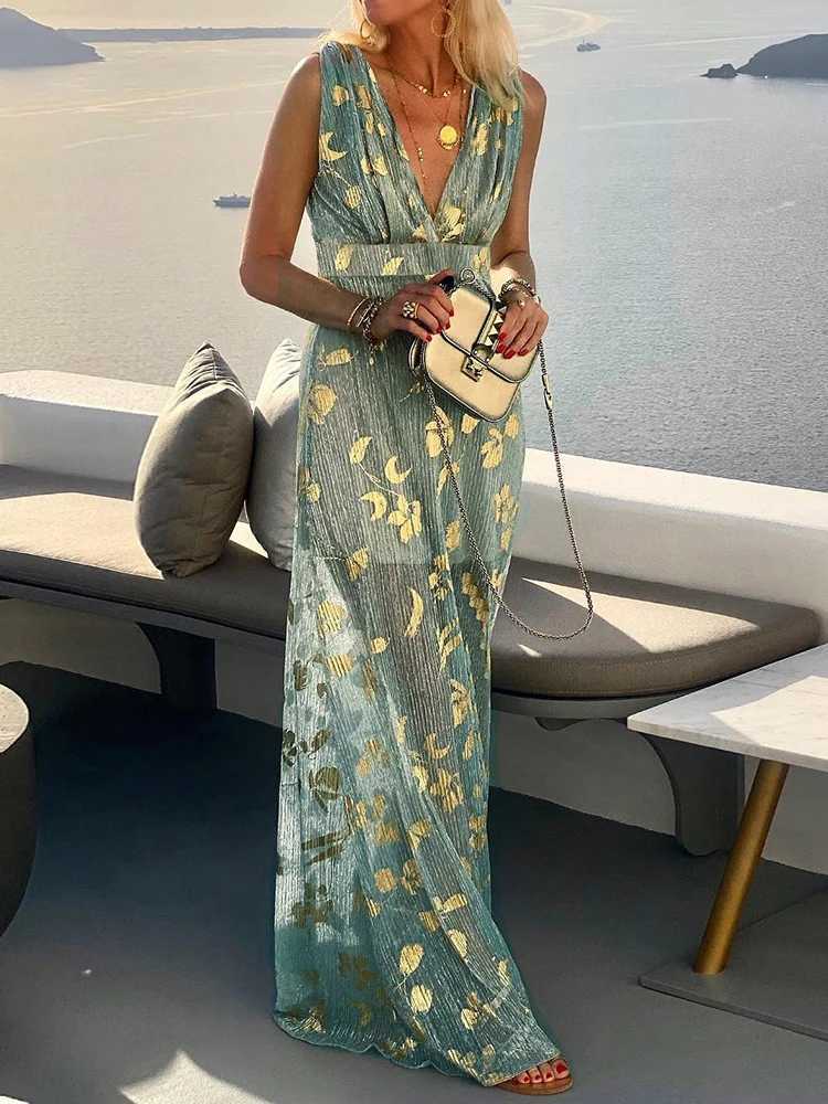 Women Deep V-Neck Maxi Party Dress Summer Patchwork Sleeveless Solid Casual Holiday Ladies Dress Elegant Streetwear Dropshipping M260304