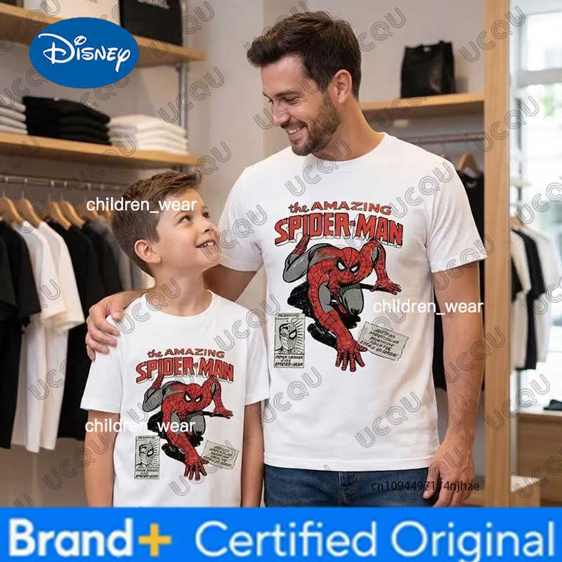 Disney Spider-man Movie Retro Comic Print Children Cotton Tshirt Summer Short Sleeve Tees Parent-child Clothes Casual Kids/Adult Tops H260304