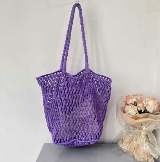 Large-capacity tote bag with cotton rope mesh pocket, beach bag with woven mesh pocket, straw bag with woven net pocket H260304