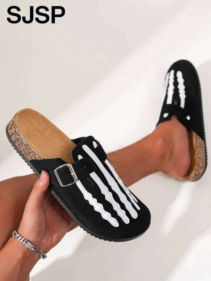 Men's New Half-Slip Halloween Trendy Skeleton Print Slip-On Closed-Toe Low-Top Buckle Strap Casual Slippers, Indoor Outdoor Wear, Spring, Summer,