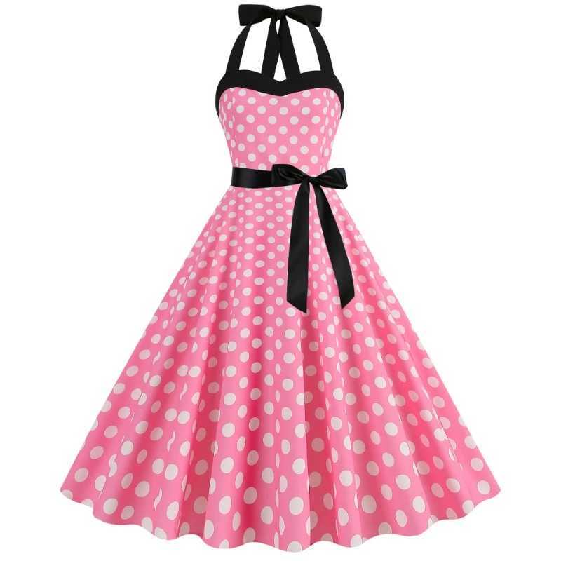 Elegant Women Pink Polka Dot Dress Summer Robe Hepburn 1950s 60s Vintage Sexy Halter Rockabilly Retro Party Dresses 2026 Vestido M260304
