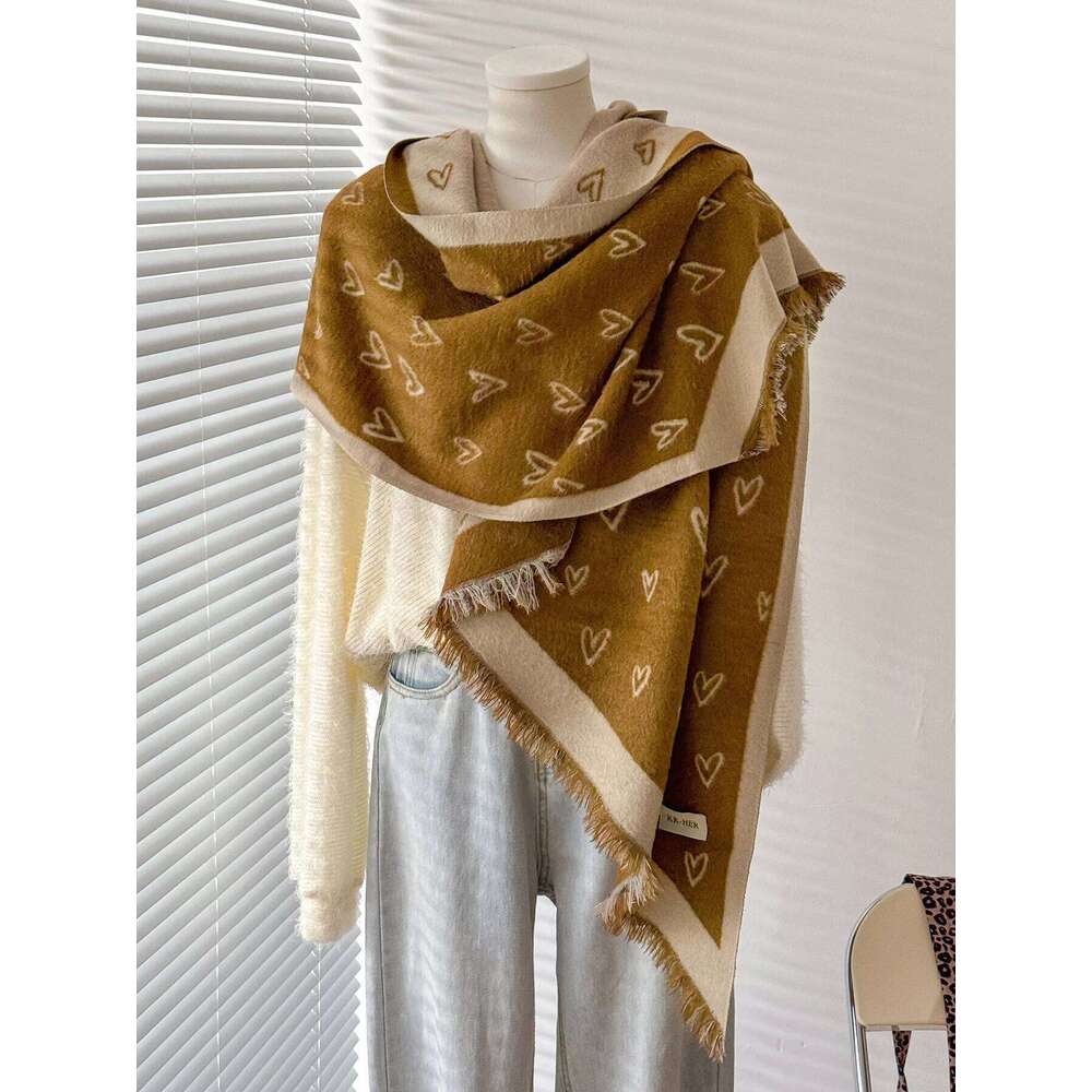 Women & Men Winter Warm Scarf Delicate Love Pattern Faux Cashmere Irregular Cut Double-Sided Neckerchief for Cold Days XJ260304