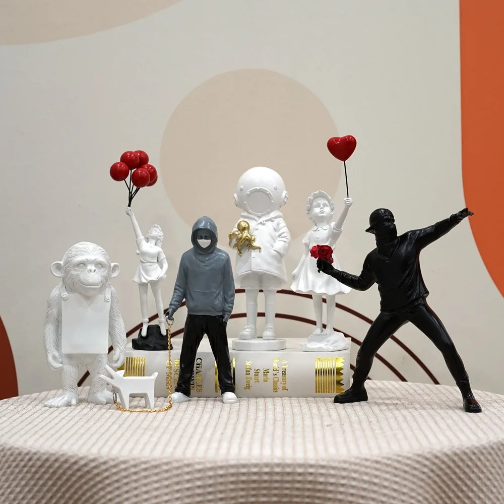 Dropshopping Banksy Sculpture Collection Flower Thrower Statue Pop Art Modern Balloon Girl Figurine Office Home Decoration 260227BJ - view 5