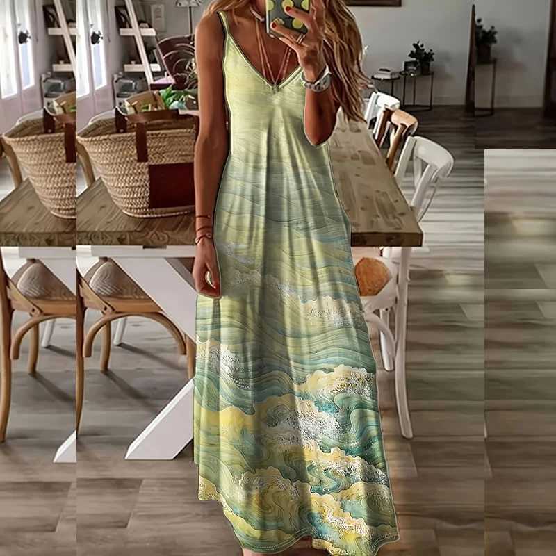 Womens Elegant V-Neck Floral Print Sling Dress Suitable for Daily Wear Vacation Beach Dress M260304