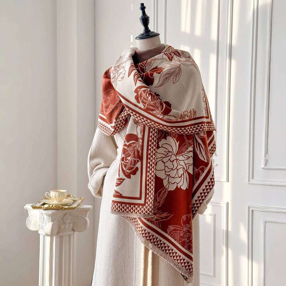 Women's Imitation Cashmere Flower Printed Scarf Lengthened Thickened Warm Shawl Winter Fashion Accessory XJ260304