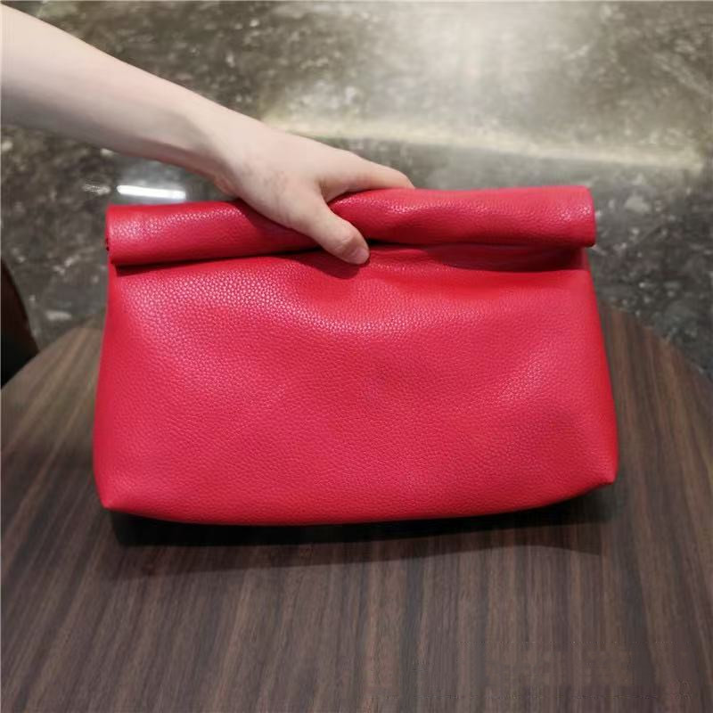 Black Style Minimalist Pu Leather Rolled Edge Large Capacity Handbag For Women European And American Retro Artistic Clutch Bag Casual Clip Bag
