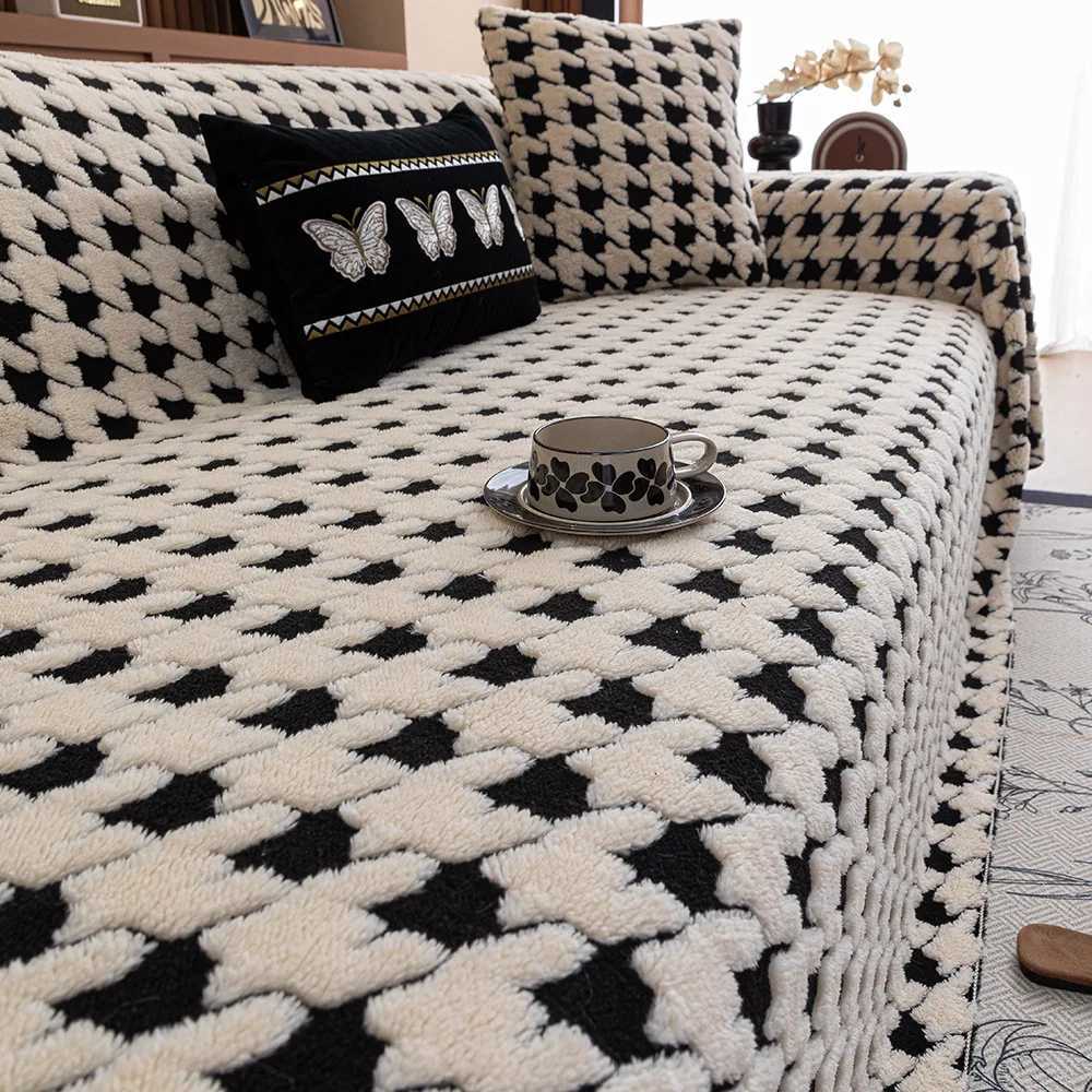 Houndstooth Soft Plush Throw Blanket Oversized Furniture Protector for Modern SofaT260304