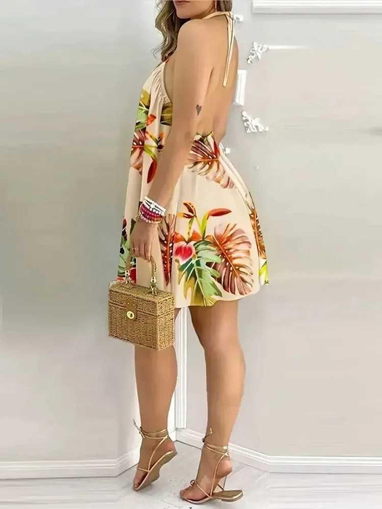 Summer Plus Size 1XL-5XL Womens Fashion Elegant Floral Print Halter Loose Dress Ladies Casual Sleeveless Summer Beach Dress M260304