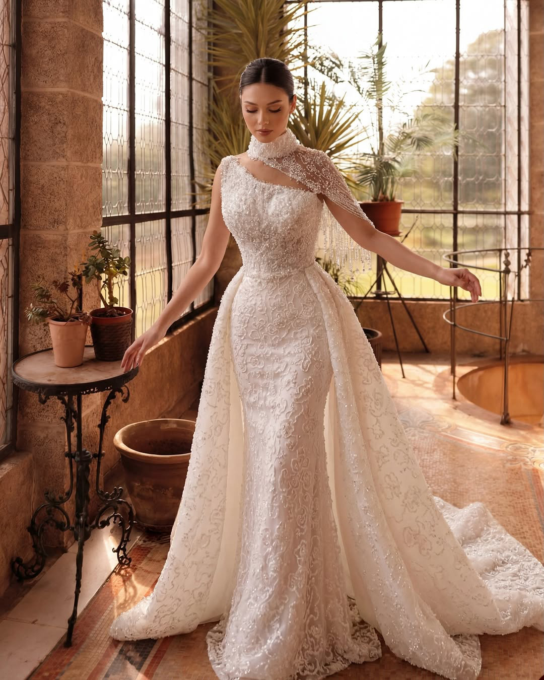 Designer Mermaid Wedding Dress High Collar Sleeveless Bridal Gowns Sequins Lace Detachable Train Dresses Custom Made Vestidos De Novia D0306