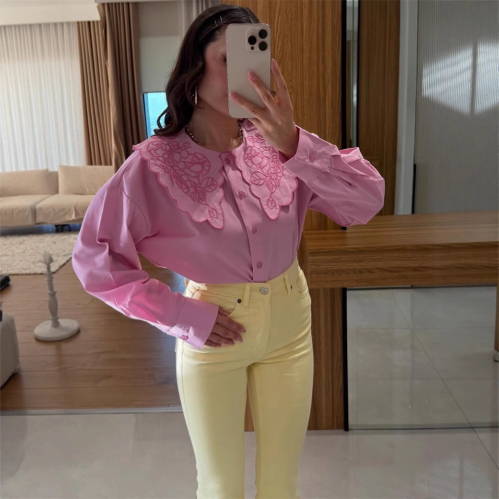 Embroidery Doll Collar Shirt Women Single Breasted Loose Long Lantern Sleeve Top Spring Street Shirts Female Blouses Pink 240807