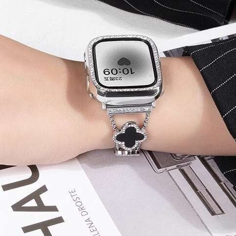 Compatible Apple Watch Four-Leaf Clover Inlaid with Diamonds Mother-of-Pearl Women's Metal iWatch 10 Strap - view 5