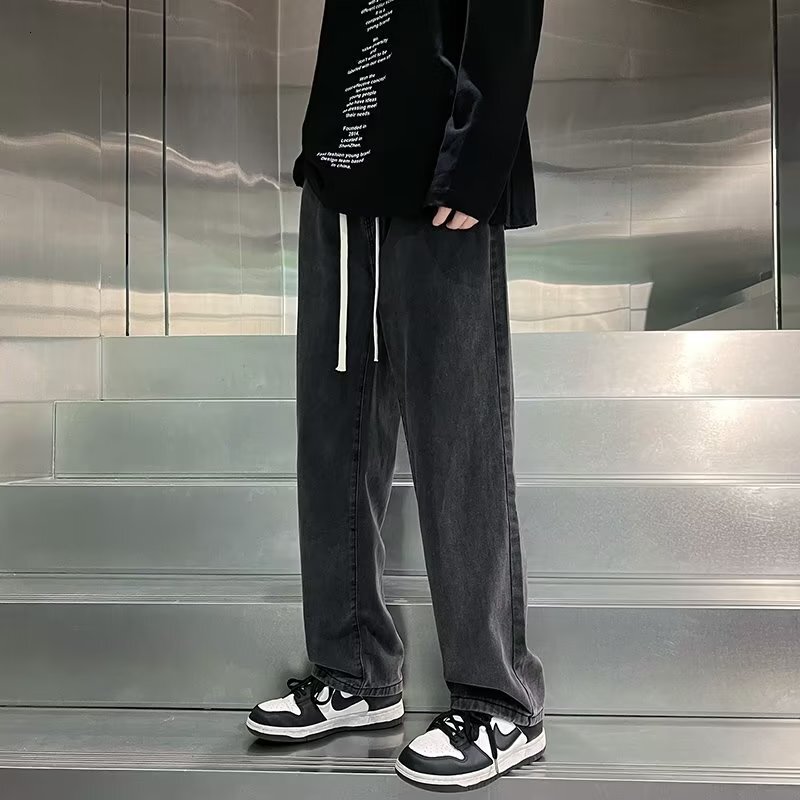 Designer Pants Autumn Men's Jeans Straight Loose Pants Spring Autumn Elastic Waist Drawstring Teen High School Middle School Students