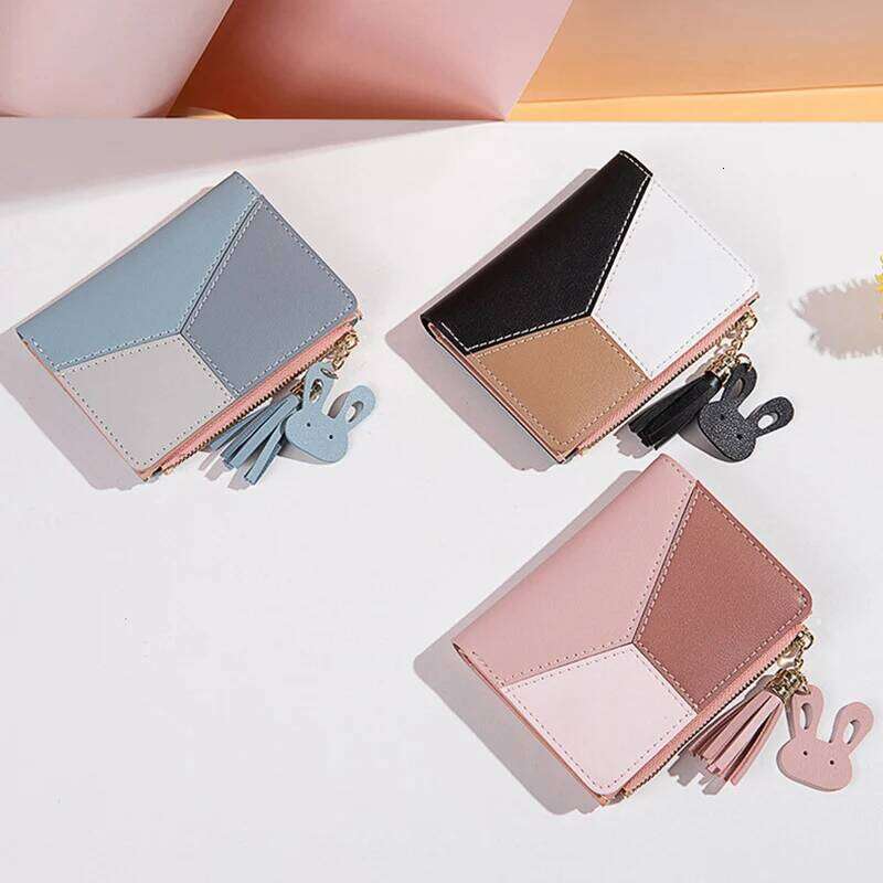Simple Style Short Wallets Tassel Hit Color PU Leather Coin Purse Card Holders Small Clutch Women Girls Hand Bag Pouch C260304