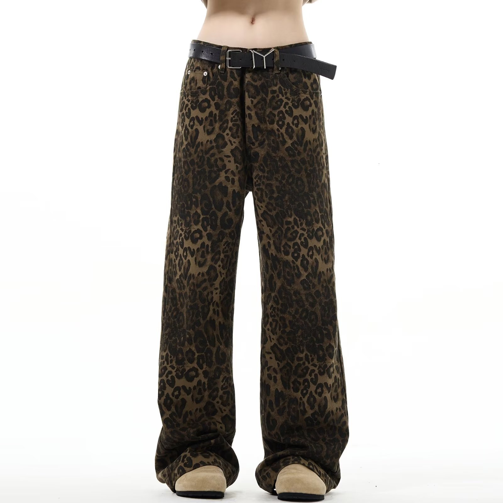 American High Street Original New Retro Leopard Designer Pants Print Jeans Unisex Straight Loose European And American Casual Floor-length Pants Men