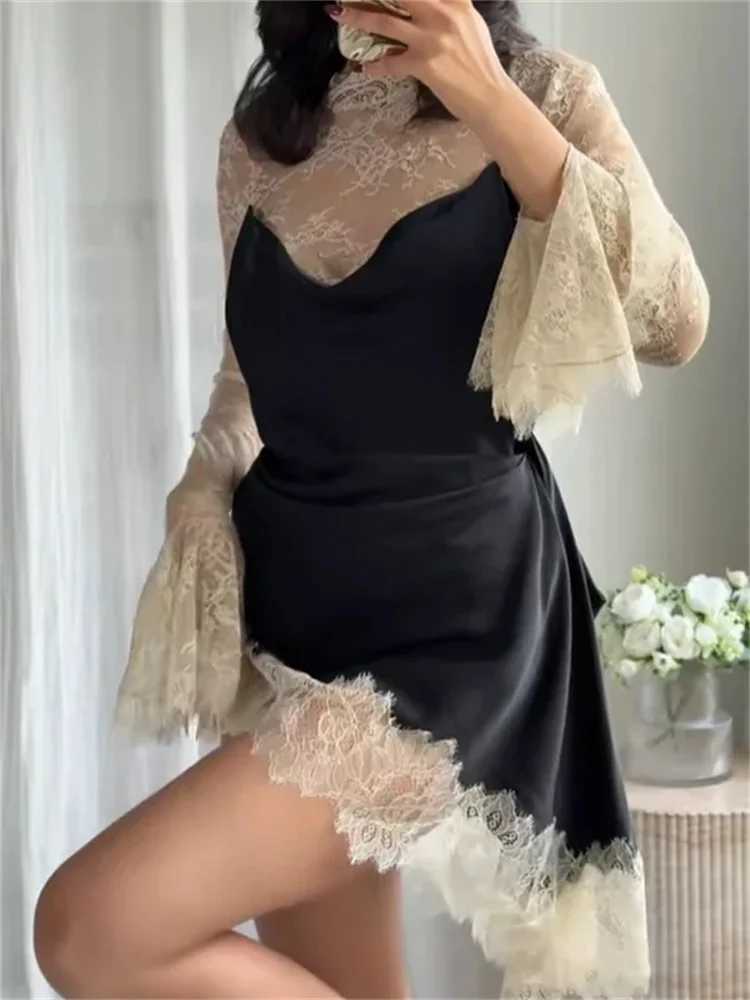 COOBBU Lace Patchwork Mini Dress Women Elegant Full Flared Sleeve Waist Cinching Slim Mini Dresses 2026 Lady Street Chic Gown M260304