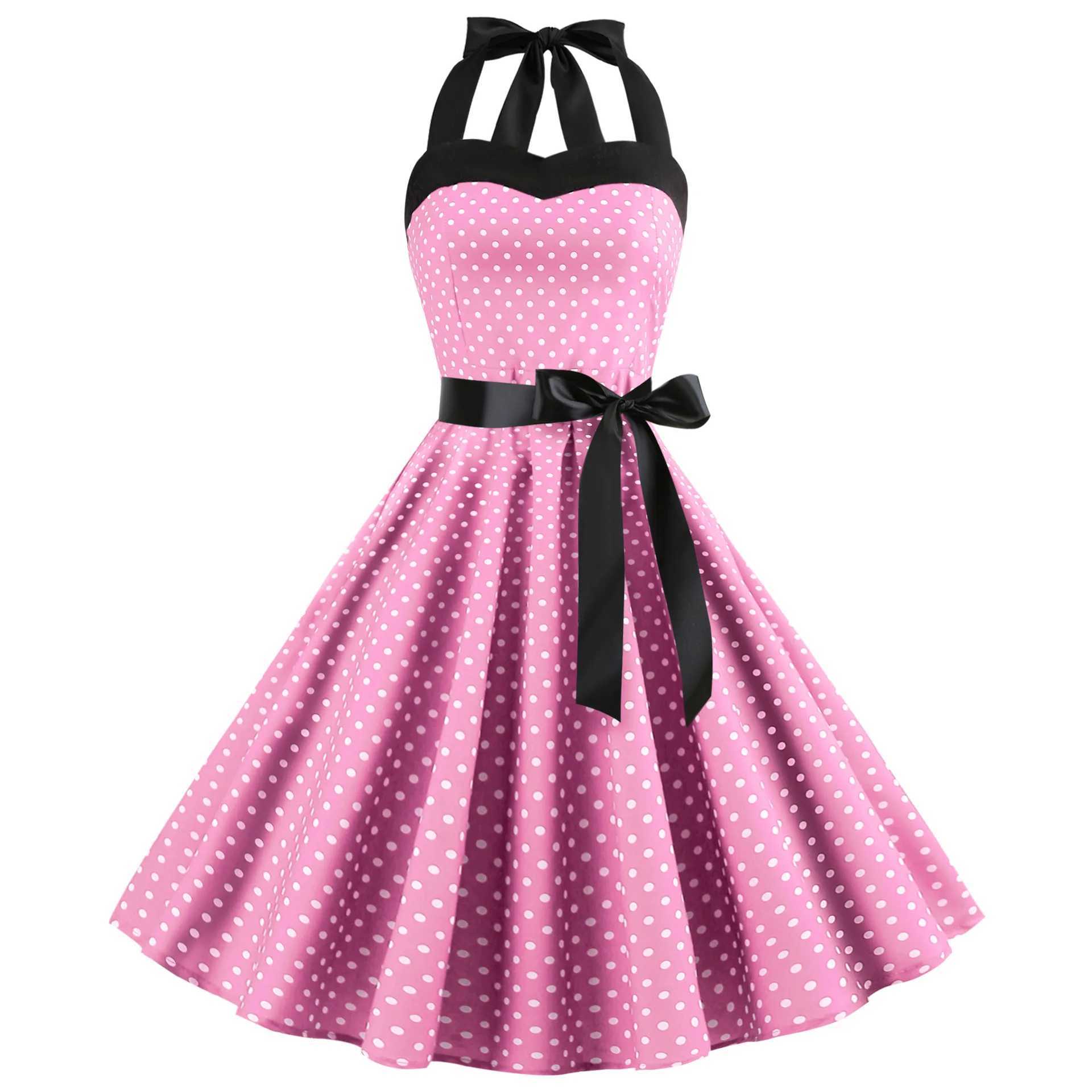 Elegant Women Pink Polka Dot Dress Summer Robe Hepburn 1950s 60s Vintage Sexy Halter Rockabilly Retro Party Dresses 2026 Vestido M260304