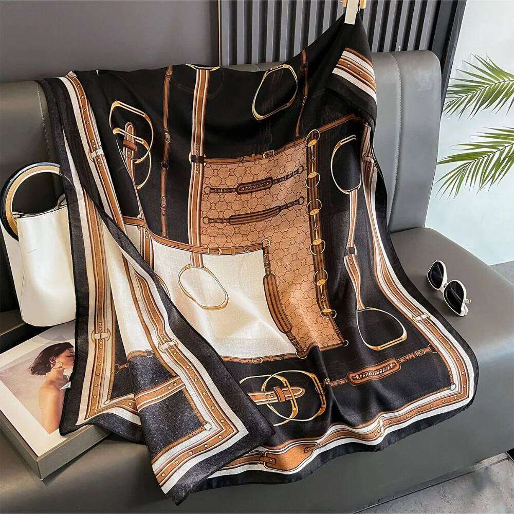 180x85cm Chain Print Scarf - Women's Autumn/Winter Cotton Hemp Warmth-Supportive Sun Protection Wraparound Neck Cover XJ260304