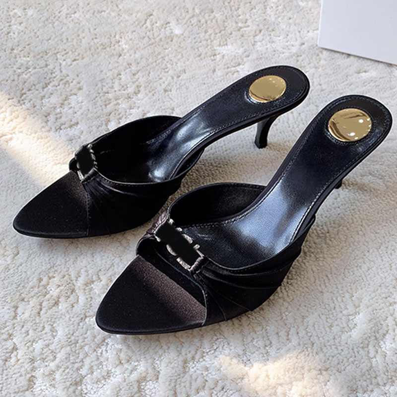 Ladies Satin Crepe Rhinestones JERRY Mules Ladies sexy almond peep toe covered kitten heel mule sandals luxury Brand Iconic rhinestone initials fashion sandals