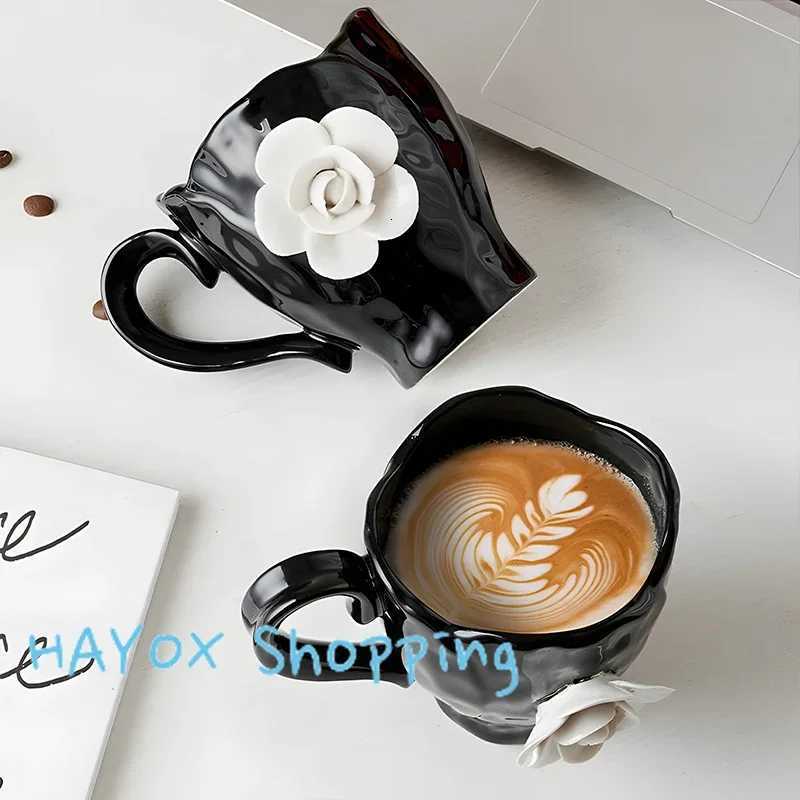 French Camellia Ceramic Coffee Mugs 3D White Rose Breakfast Milk Cup Coffee Cup Saucer Set High Quality Kitchen DrinkwareT260304