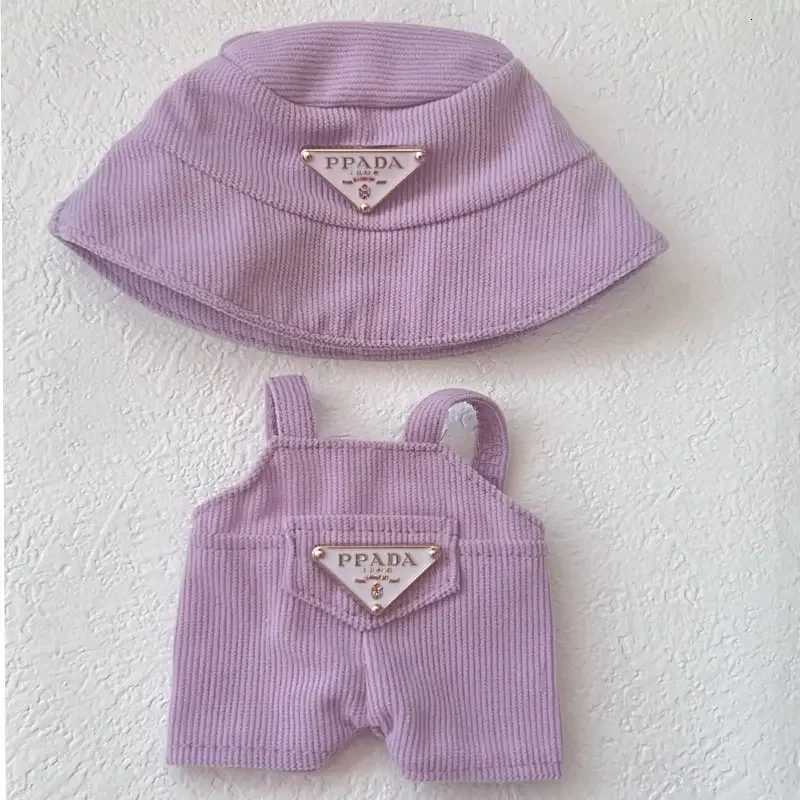 17cm Labubu Pink Corduroy Overalls & Hat Set, Luxury Doll Outfit with Triangle Logo for DIY Accessories & GiftsT260304