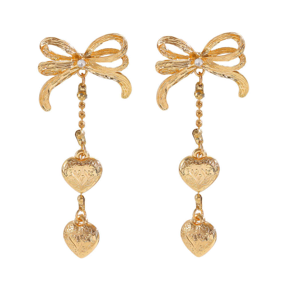 French-style Bow-shaped Stud Earrings With Dangling Fringes And Heart-shaped Pendant For Women