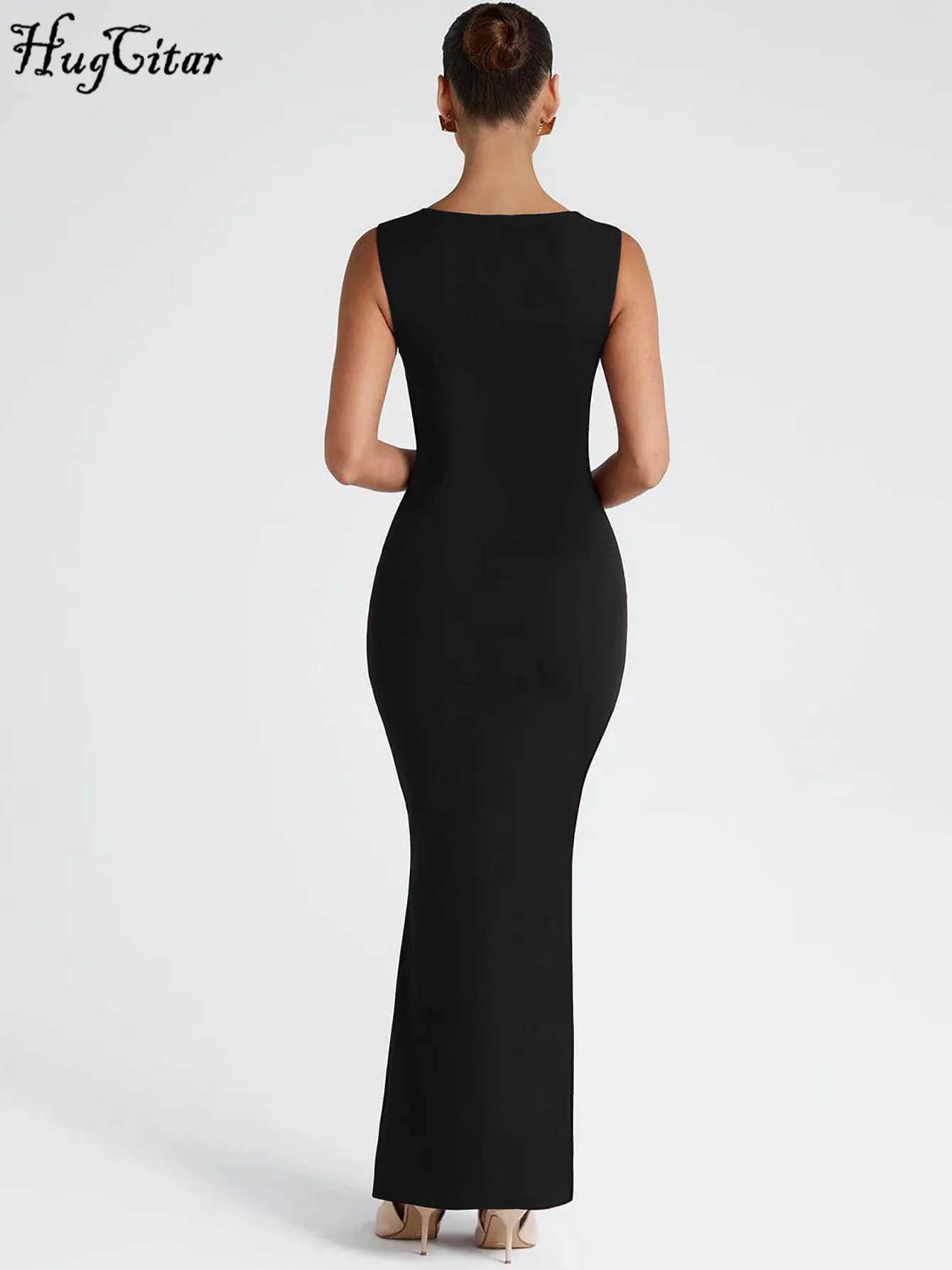 Hugcitar Women Elegant Solid Square Collar Straps Sexy Bodycon Maxi Prom Dress Summer Women Y2K Clothes Evening Party Birthday M260304